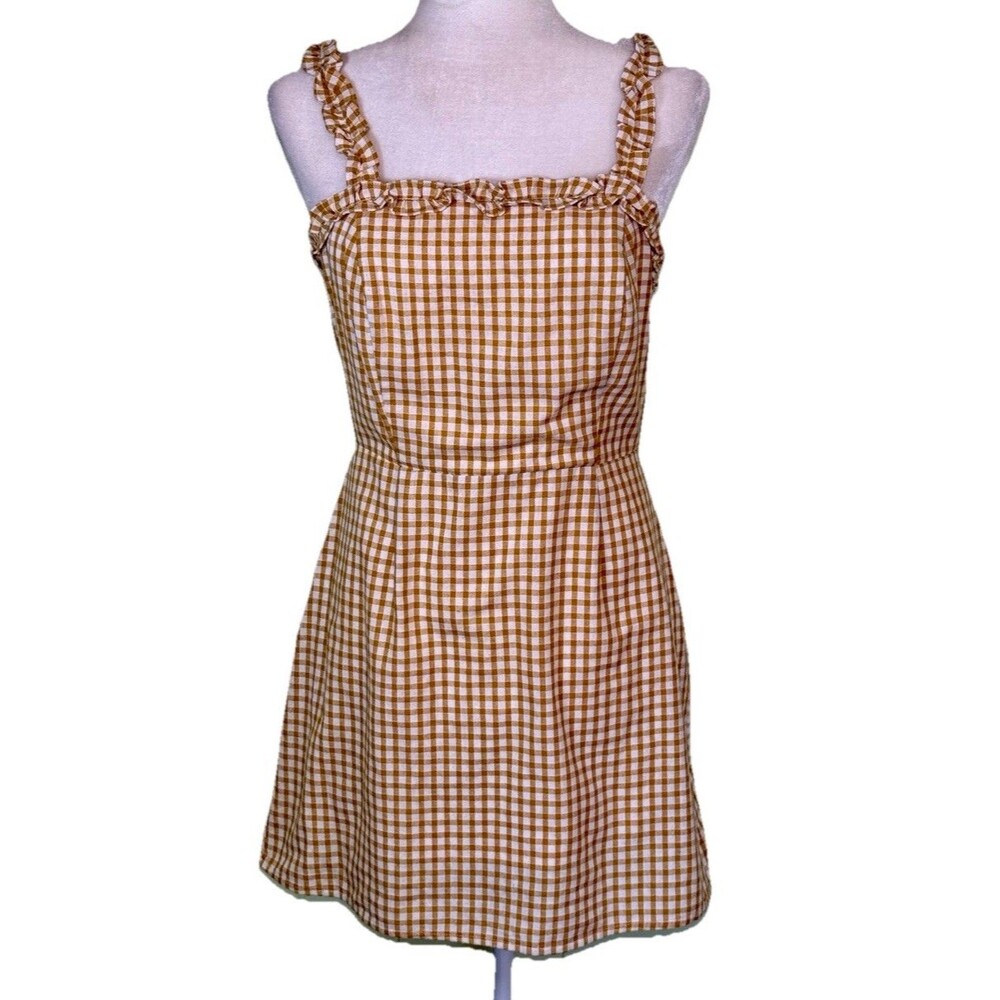Women’s Cottagecore Picnic Gingham Mini‎ Dress Ruffle Strap Smocked Back Sz Sm
